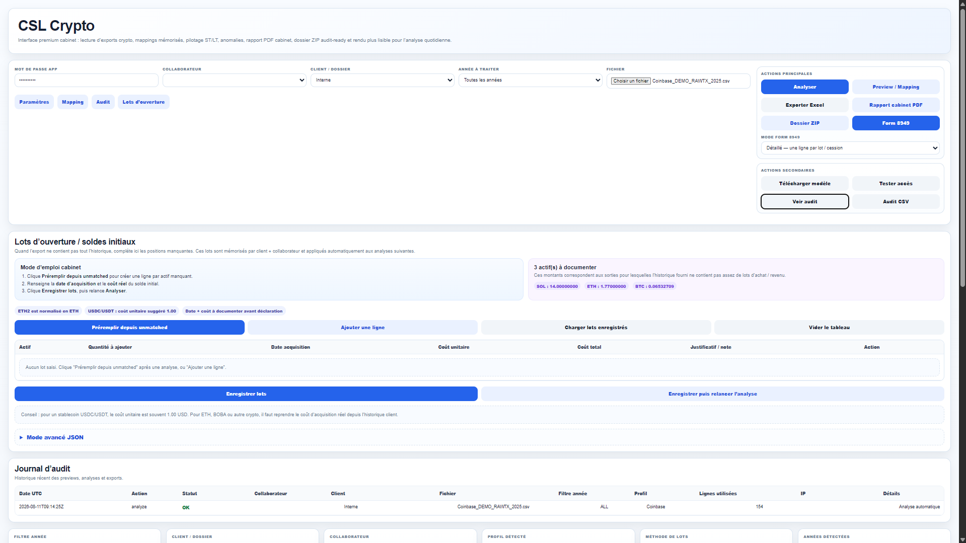 Espace de travail CSL Crypto avec le fichier d’export traité, les lots d’ouverture à documenter, les actions principales et le journal d’audit