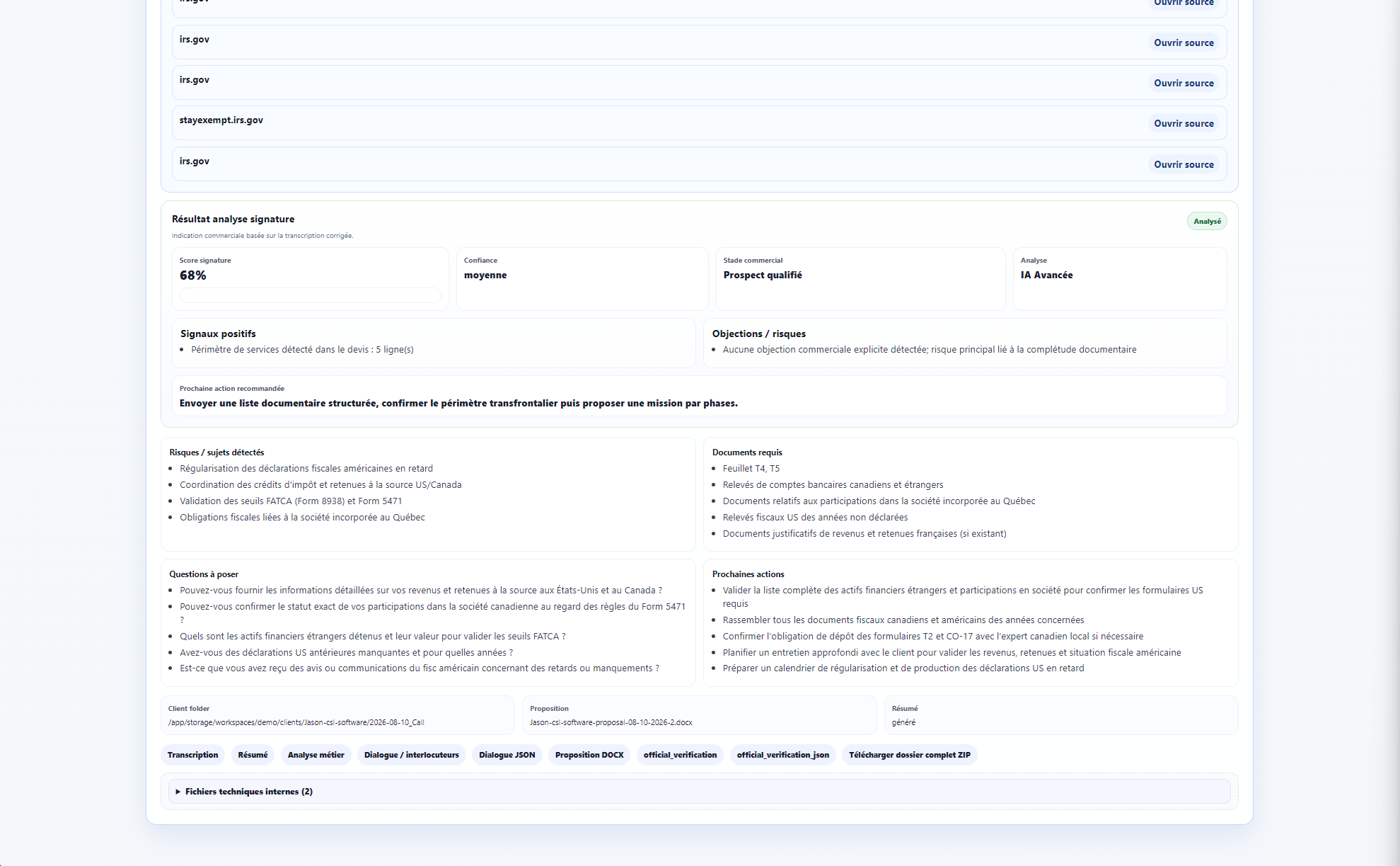 Analyse métier CSL Flow présentant le score de signature, les risques, les documents requis et les prochaines actions