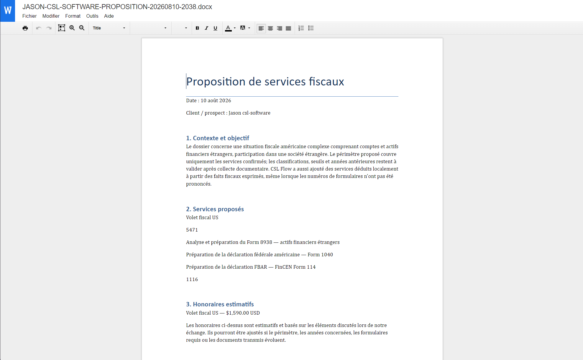 Proposition de services fiscaux générée par CSL Flow avec contexte, services proposés et honoraires estimatifs