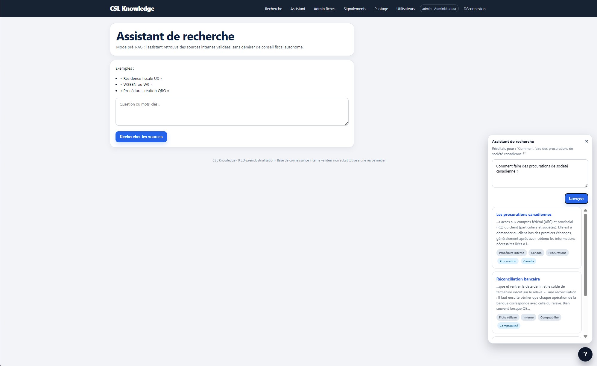 Assistant CSL Knowledge renvoyant des fiches internes validées en réponse à une question, avec leurs tags