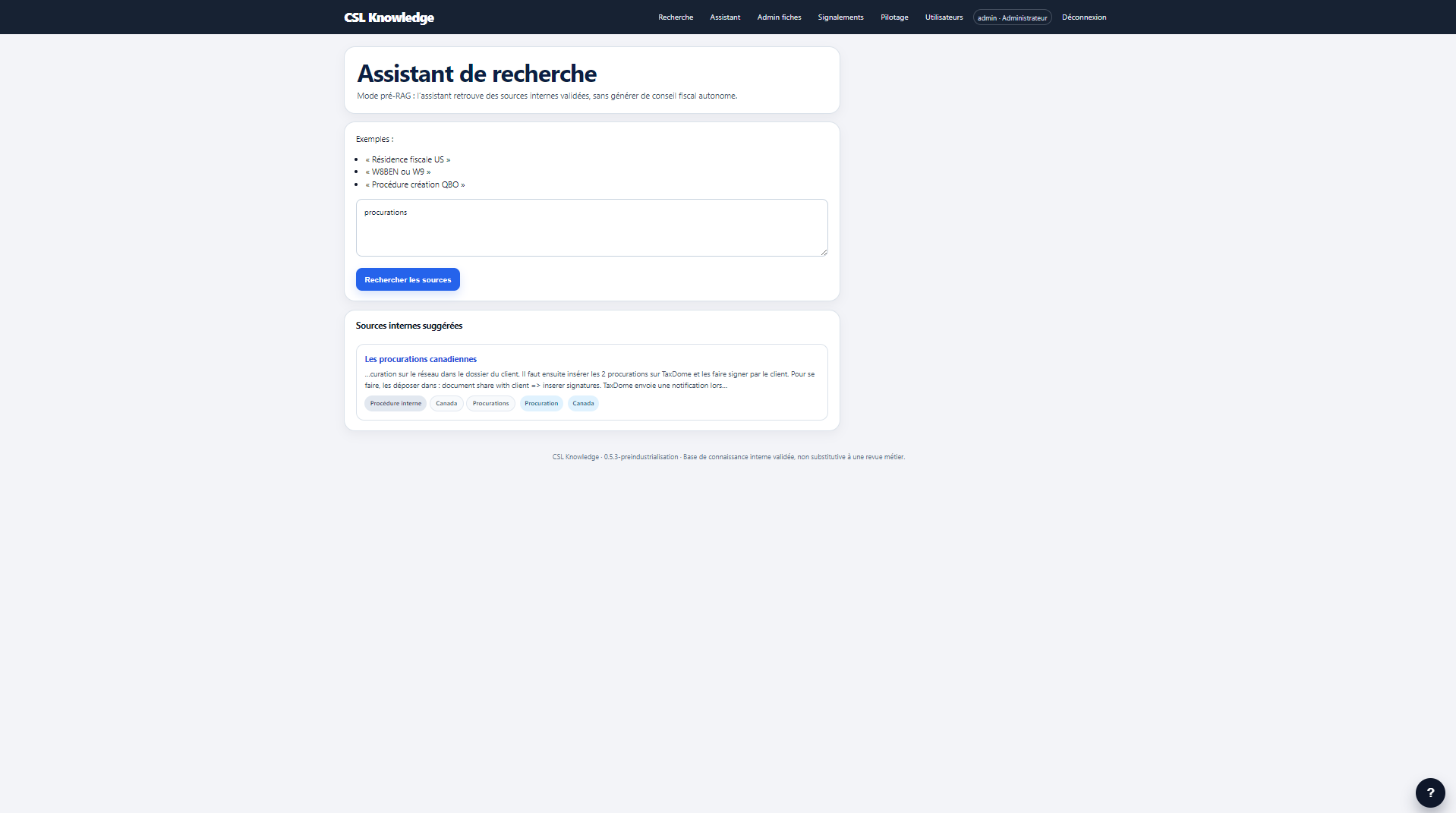 Interface de CSL Knowledge