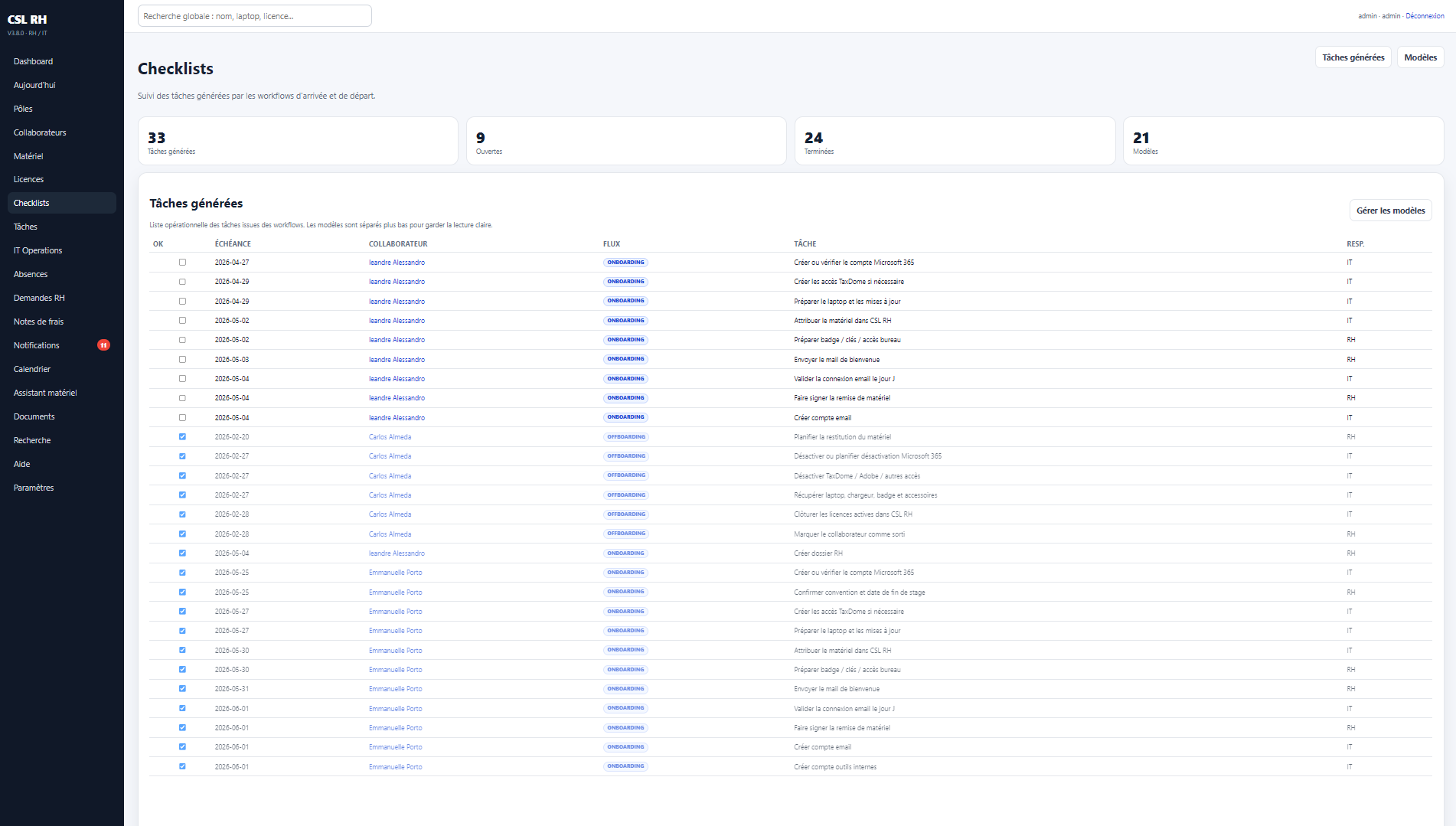 Checklists CSL RH regroupant les tâches générées par les workflows d’arrivée et de départ